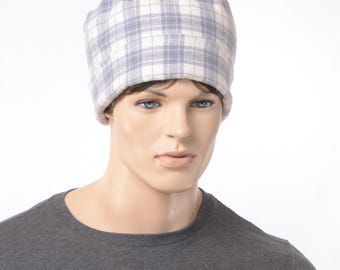 Smoking Cap Cotton Nightcap Flannel Hat – Gray Plaid Winter Cap, Soft Cozy Cuffed Beanie, Warm Everyday Lounging Hats Reading Hat