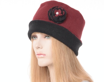 Handmade Pillbox Hat – Burgundy and Black Fleece Winter Pillbox with Flower Dark Romantic Colors