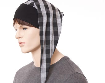 Buffalo Plaid Nightcap – Long Tail Cotton Sleep Hat with Pompom • Black and Gray Winter Bedtime Cap