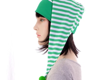 Nightcap Green White Striped Night Cap with Pompom Christmas Holiday Yule Cotton Adult Men Women