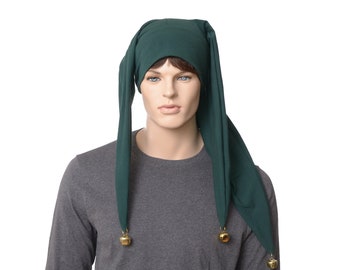 Jester Hat Long Green with Bells Three Pointed Cotton Harlequin Cosplay Horn Tail Cap Adult Men Women