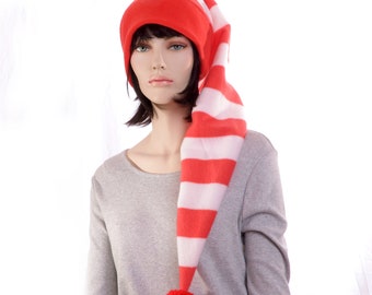 Christmas Stocking Cap Long Red White Striped Fleece Waist Length Large Pompom Adult Men Women
