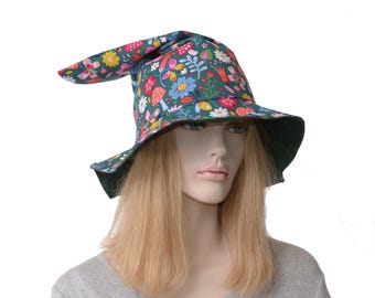 Witch Hat, Practical Casual Style for Everyday Wear, Floppy Pointed Natural Cotton Mushrooms and Flowers Ren Faire Halloween