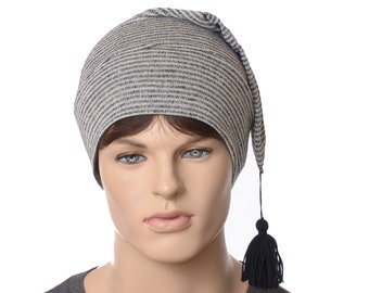 Nightcap Black Gray Pinstripes Sweater Knit Night Cap Pointed  Handmade Sleep Hat Dangling Tassel Gift for Dad