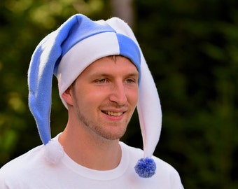 Jester Hat Sky Blue White Harlequin Cap 2 Pointed Fleece with Pompoms Adult Men Women Ren Faire Clown