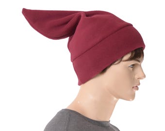 Burgundy Fleece Elf Hat: Cosplay Pixie Stocking Cap