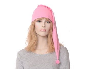 Night Cap Pink Hat to Sleep In Pointed Nightcap with Pompom Cotton Adult Men Women Handmade Sleeping Cap