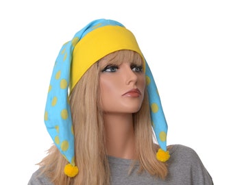 Jester Hat Harlequin Cap Blue Yellow Polka Dot Pompoms Cotton Adult Men Women Cosplay Halloween Costume