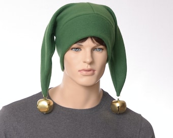 Green Fleece Jester Hat Two Point with Extra Large Bells  Handmade Costume Hat for Renaissance Faire, Cosplay, or Mardi Gras