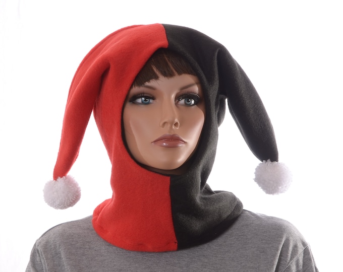 Featured listing image: Jester Hood Red and Black Hat Made of Fleece with White Pompoms Harlequin Cap Pom Cosplay Handmade Balaclava