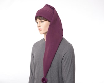 Fleece Stocking Cap in Eggplant Purple – Long Tail Winter Hat with Pom Pom • Warm Outdoor Hat • Unique Cozy Cold Weather Beanie