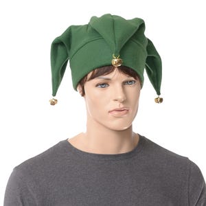 Dark Green Fleece Jester Hat with Gold Bells: Adult Halloween Costume Cosplay