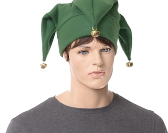 Dark Green Fleece Jester Hat with Bells: Adult Halloween Costume