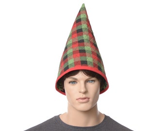 Gnome Hat Oversized Quilted Cotton Red Green Black Plaid Rustic Cottage Core Tall Pointed Cap Costume Adult Men Women