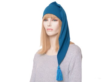 Night Cap Peacock Blue Long Cotton Nightcap Sleep Hat Tassel Adult Men Women Pajamas Hat