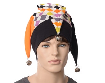 Jester Cap Harlequin Diamonds Checkered Lightweight Cotton Three Pointed with Bells Adult Men Women Clown Renaissance Fair