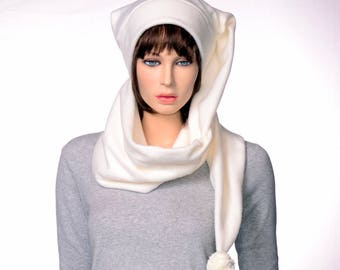 Stocking Cap Extra Long Wrap Around Scarf Hat 5 ft long with Pompom Cream Tail Hat Fleece Adult Men Women