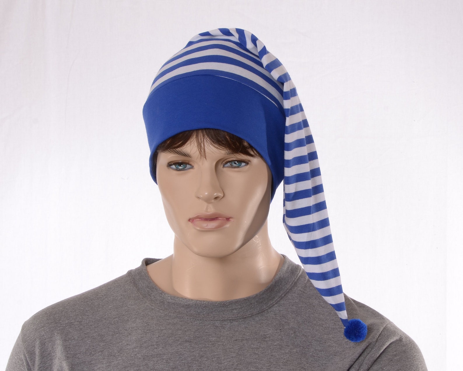 Night Cap Blue White Striped Cotton Nightcap With Pompom Adult - Etsy