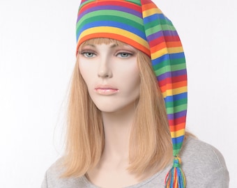 Nightcap Rainbow Stripe Cotton Sleep Hat, Handmade Night Cap Optional Tassel Pride Long Stocking Cap, Elf Pixie Gnome Adult Men Women