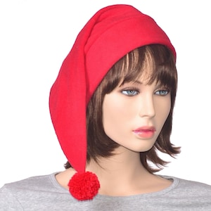 Red Stocking Cap Adult Fleece Holiday Hat With Long Tail Christmas Elf Hat Christmas