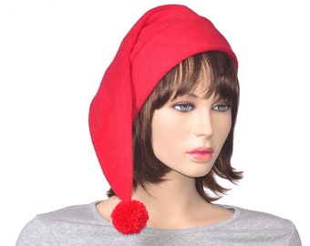 Red Stocking Cap Adult Fleece Holiday Hat With Long Tail Christmas Elf Hat Christmas