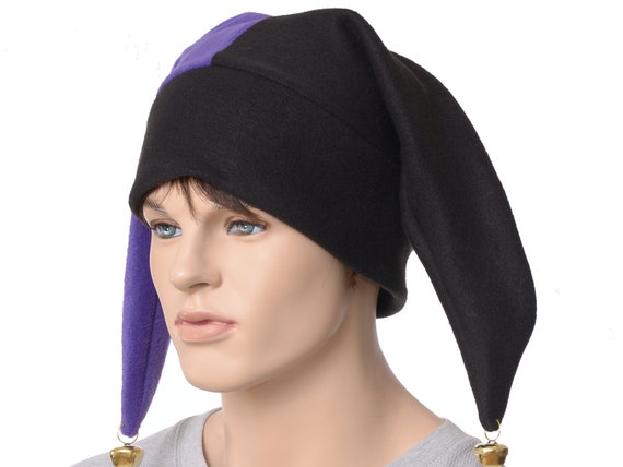 Jester Hat Black Purple Harlequin Cap With Gold Bells Fleece