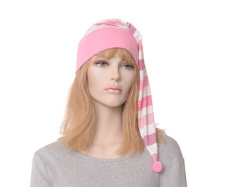 Long Night Cap Pink Striped Pointed Handmade Nightcap with Pompom Cotton Adult Men Women