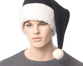 Santa Hat Black Fleece – Goth Christmas Hat with White Sherpa Cuff and Pompom, Adult Santa Stocking Cap