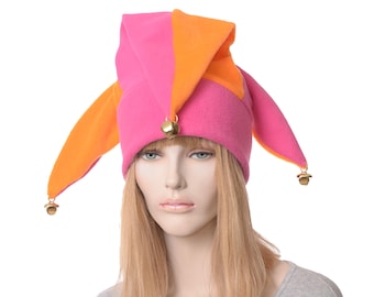 Jester Hat Magenta Pink Orange with Gold Bells Fleece Harlequin Cap Fools Hats Three Pointed Beanie 3 Tail Caps Cosplay Comic Circus