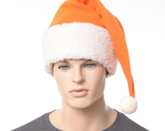 Santa Hat – Orange Fleece with Ivory Sherpa Cuff, Hunter Orange Yule Christmas Cap for Adults