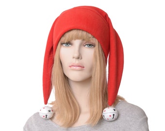 Red Jester Hat with Bells Fleece Court Fool Hat for Adults Handmade Costume Hat for Renaissance Faire Carnival Masquerade or Theater Wear