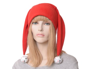 Red Jester Hat Fleece Harlequin Cap Two 2 Pointed Oversized Bells Cosplay Adult Men Women Buffoon Fool Renaissance Faire