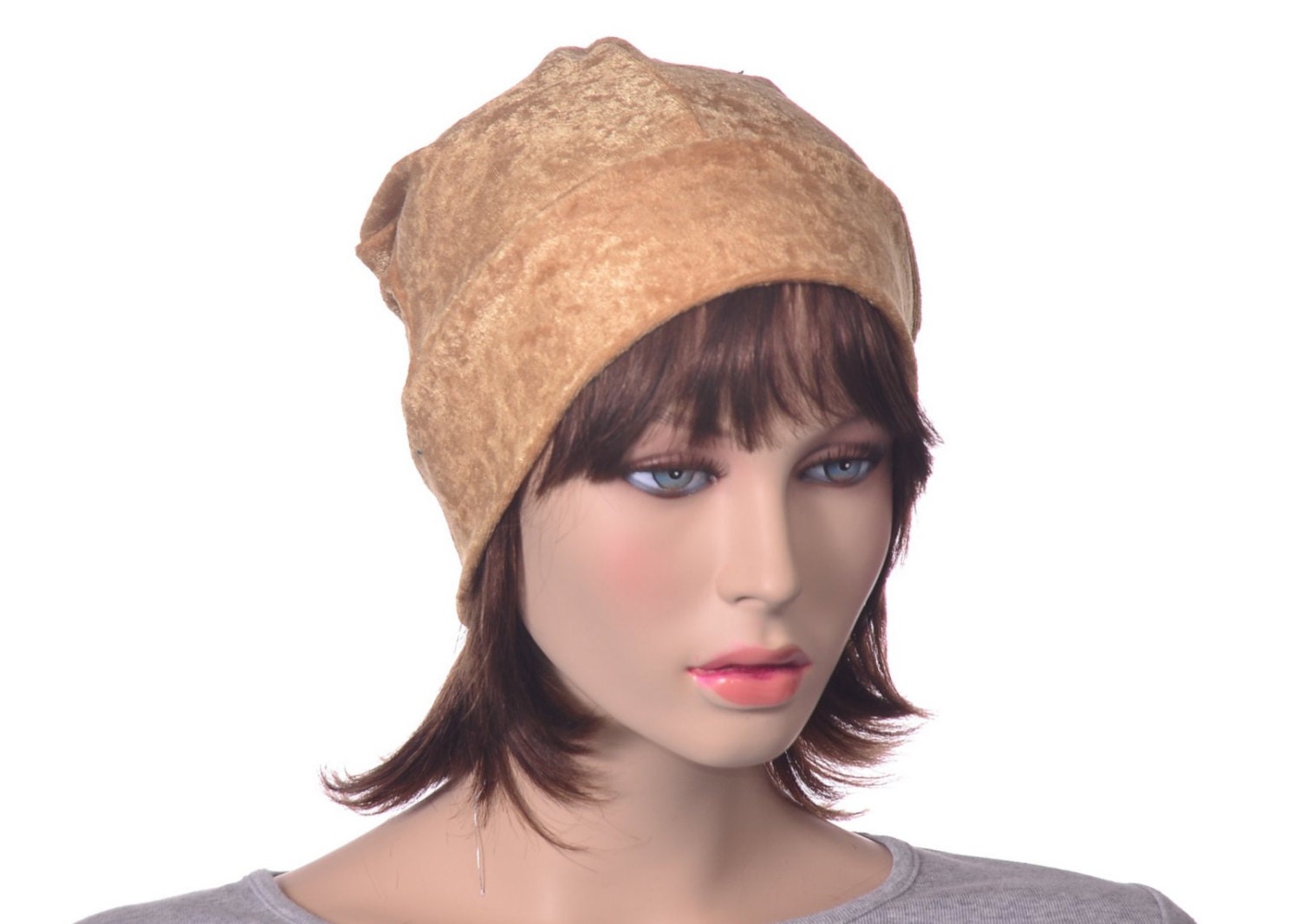 Ladies Beanie in Gold Panne Velvet Velour Slightly Slouchy Beanie Hat