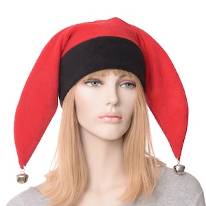 Jester Hat Black Red Made of Fleece Harlequin Cap Two Pointed Bells Cosplay Adult Men Women Ren Fair