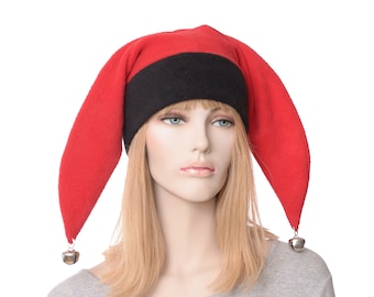 Jester Hat Black Red Made of Fleece Harlequin Cap Two Pointed Bells Cosplay Adult Men Women Ren Fair