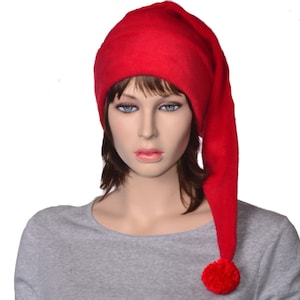 Red Stocking Cap Shoulder Length Fleece Hat Long Christmas Elf Hat Pompom Solid Red Santa Hat Adult Cosplay Handmade Gift for Him Her