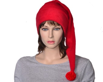 Red Stocking Cap Shoulder Length Fleece Hat Long Christmas Elf Hat Pompom Solid Red Santa Hat Adult Cosplay Handmade Gift for Him Her