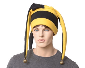 Jester Hat Yellow Black with Gold Bells Fleece Harlequin Cap Fools Hat Three Pointed Beanie 3 Tail Hat Cosplay