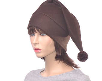 Dark Brown Stocking Cap Chocolate Pointed Brownie Fairy Hat Fae Pompom Fleece Adult Unisex Men Women Pompom Cosplay Elf Fantasy