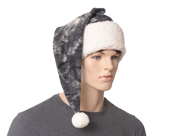 Stocking Cap Goth Sherpa Motley Gray Black Skull Bones Adult Men Women Fleece Pointed Pompom Santa Hat Gothic Gift for Him Her