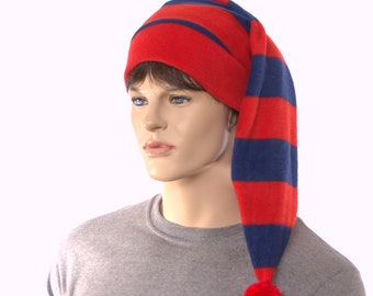 Long Stocking Cap Red Blue Stripe with Pompom Fleece Hat Long Tail Adult Women Man Unisex Christmas Gift for Him Her