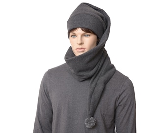 Stocking Cap Gray Extra Long Wrap Around Scarf Hat Pompom Fleece Adult Man Woman