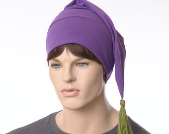 Custom order for Roger 2 Nightcaps, one purple with green tassel the other black with a purple tassel.