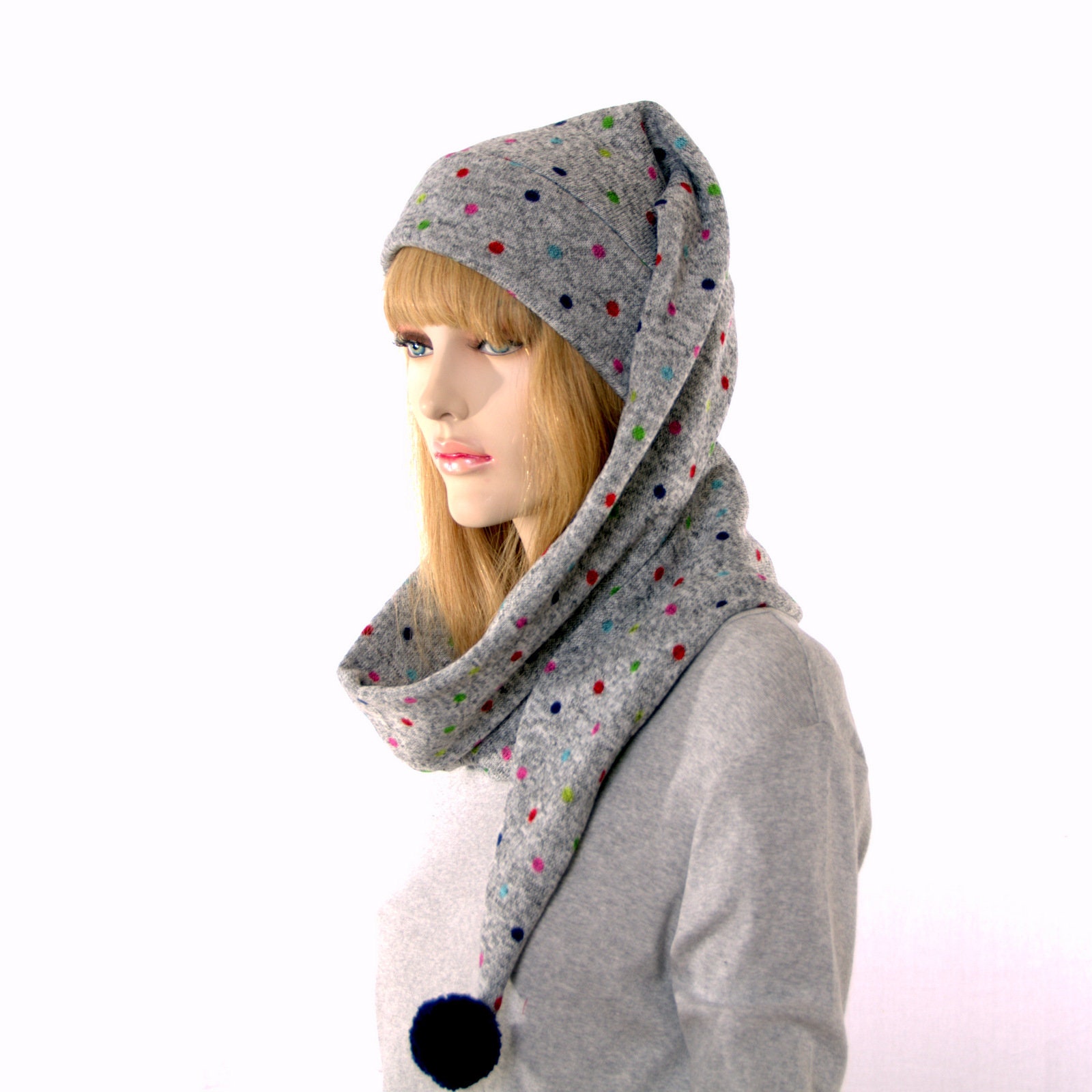 Long Stocking Cap Gray Sewn Sweater Knit Scarf Hat 5 Foot Long Tail
