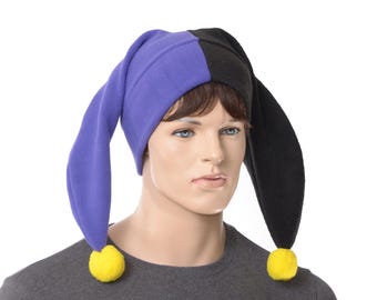 Jester Hat Black Purple Made of Fleece Harlequin Cap Two Pointed with Yellow Ball Pompoms Cosplay Adult Men Women