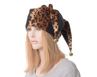 Jester Hat Black And Leopard Print with Gold Bells Fleece Harlequin Fool Cap Three Pointed Cosplay Adult Men Women