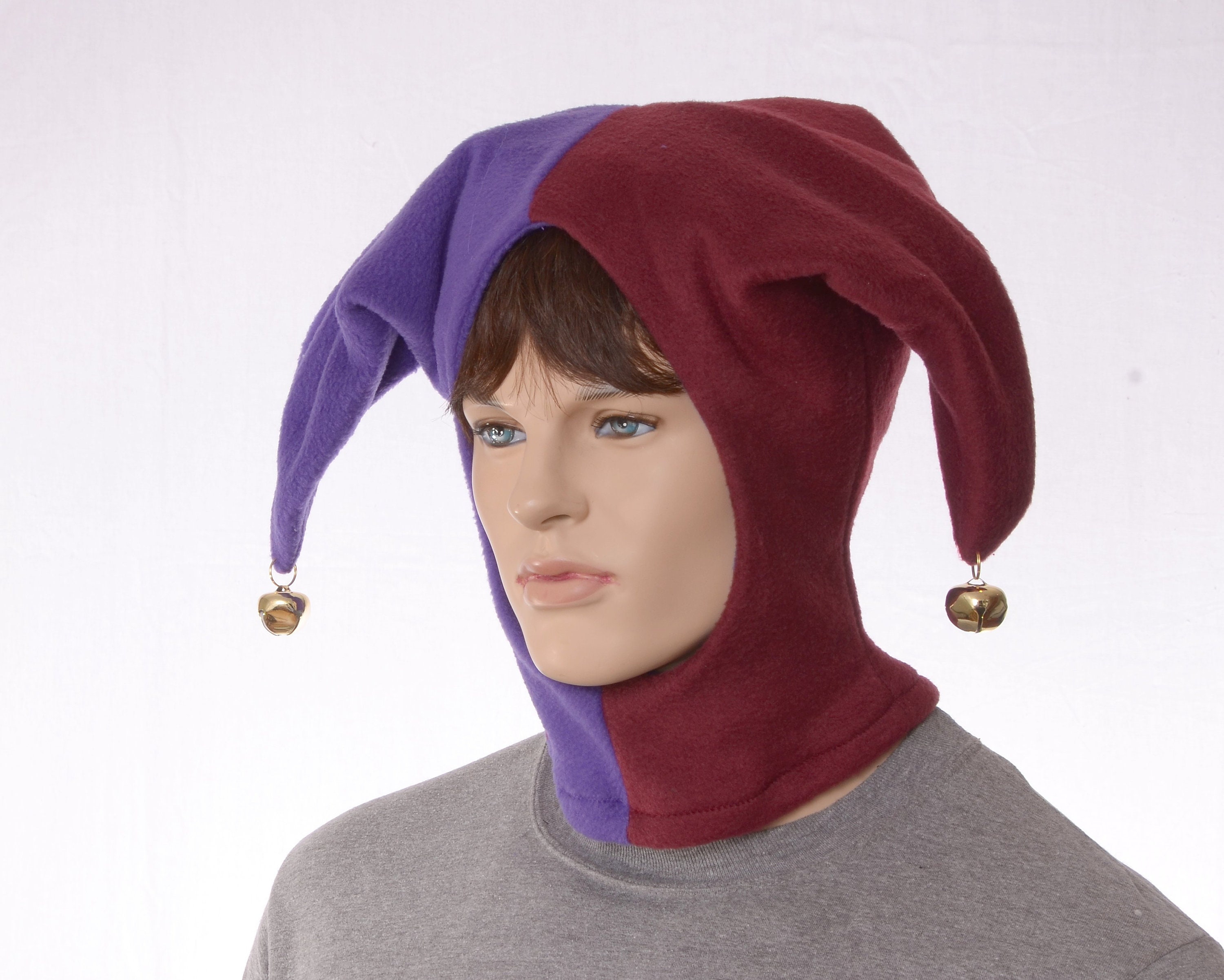 Jester Hood Burgundy and Purple Hat Made of Fleece with Bells Harlequin