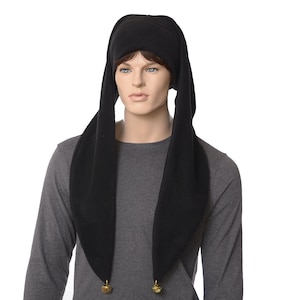 Long Jester Hat Black Fleece Two Pointed Harlequin Cap Waist Length Gothic Adult Men Women Goth Clown Cosplay Renaissance Fair Clowncore