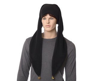 Long Jester Hat Black Fleece Two Pointed Harlequin Cap Waist Length Gothic Adult Men Women Goth Clown Cosplay Renaissance Fair