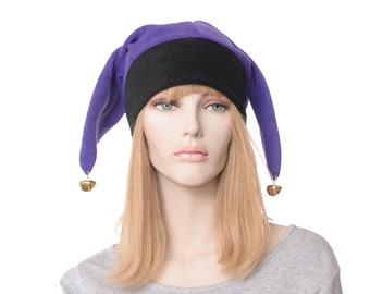 Jester Hat Purple and Black Three Point Harlequin Cap with Gold Bells Fleece Mardi Gras Carnival Adult Men Women Cosplay